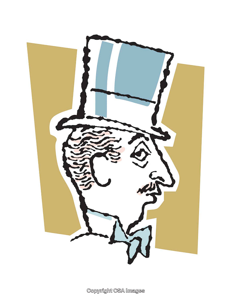 Vintage Illustration of a Gentleman in Formal Attire with Hat and Bowtie