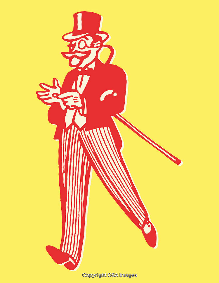 Vintage Gentleman Illustration in Red Outline on Yellow Background With Cane