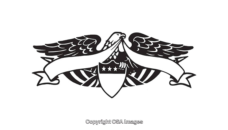 Black and White Eagle Line Art with Shield and Banner Emblem
