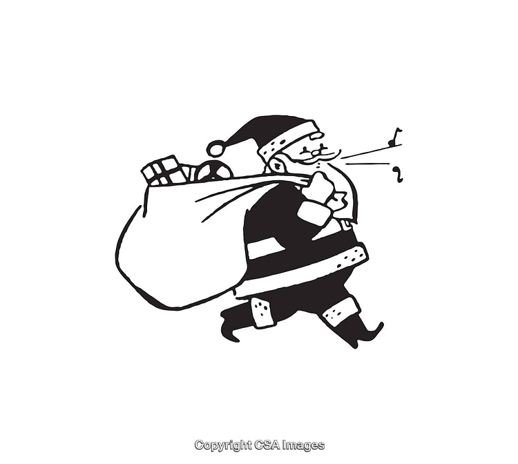Black and White Illustration of Santa Carrying a Sack of Christmas Gifts