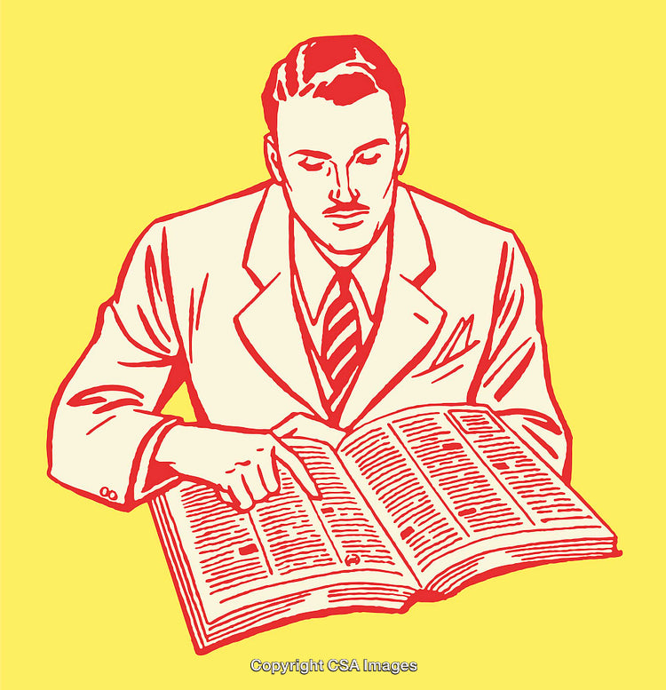 Retro Illustration of Gentleman Studying a Book on Yellow Background