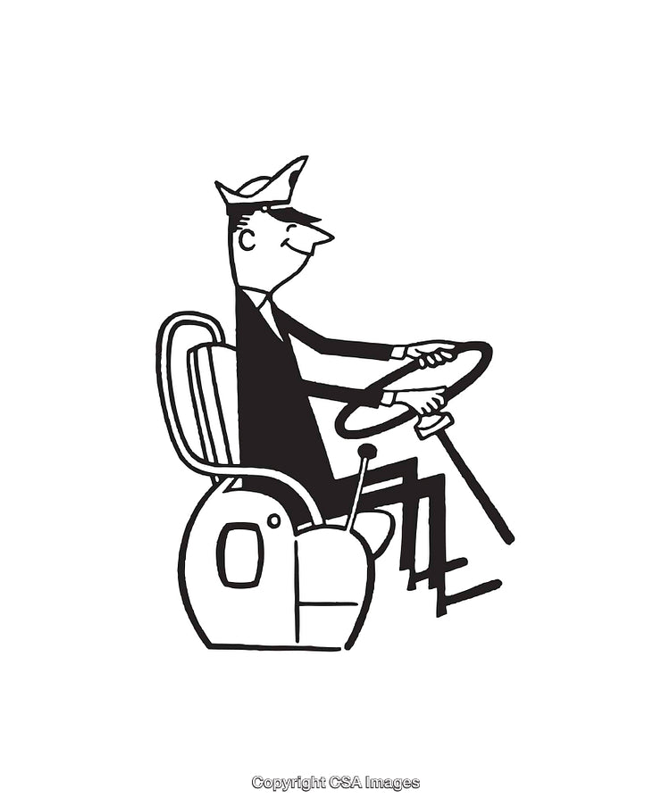 Vintage Line Art of a Smiling Driver at the Wheel