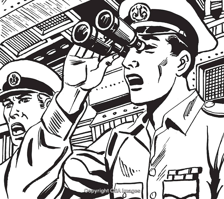 Retro Illustration of Naval Captains Observing Through Binoculars on a Ship