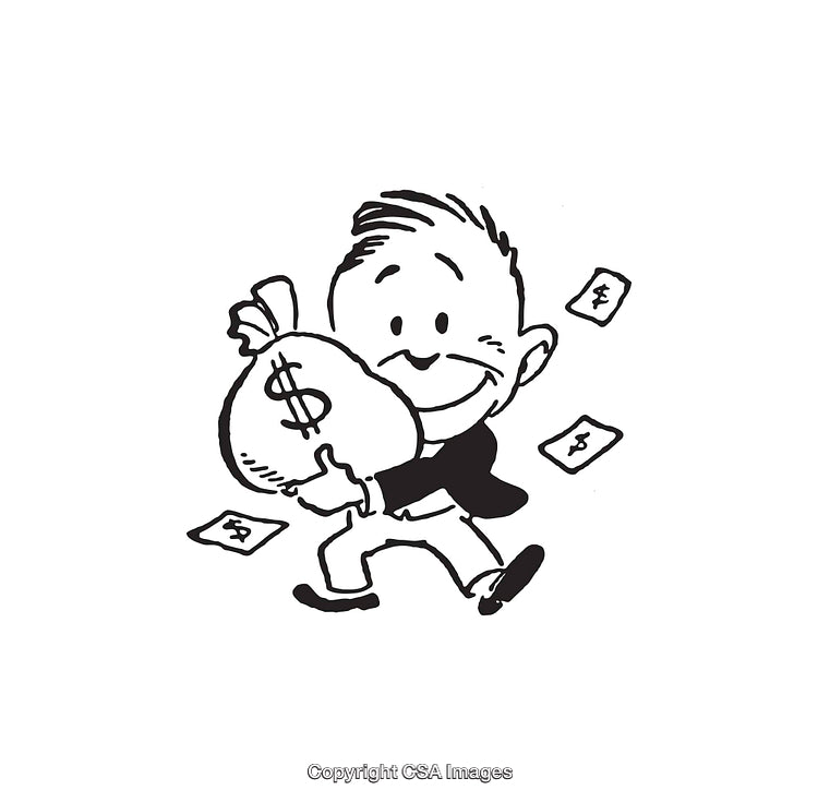 Cheerful Character Holding Money Bag with Dollar Symbol in Black and White Illustration
