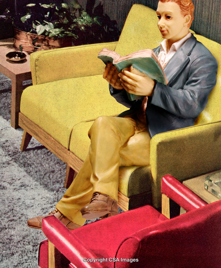 Colorful Figurine Reading a Book Seated in Modern Retro Styled Interior