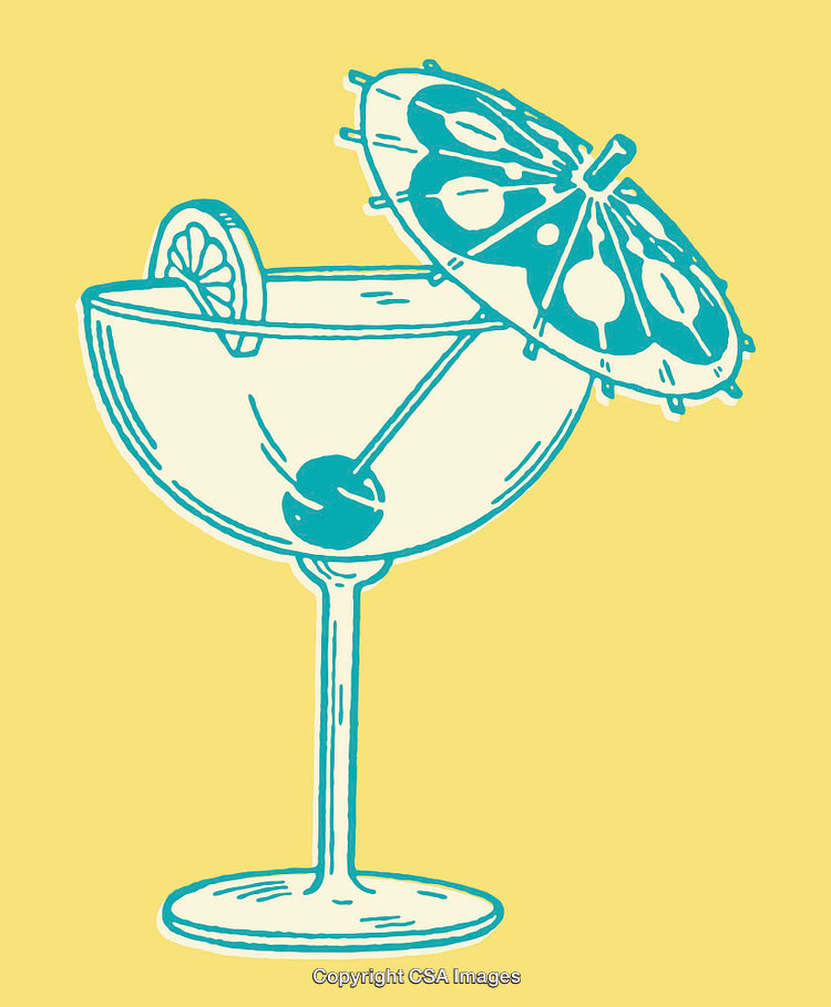 Colorful Line Art of Cocktail Glass with Umbrella and Lemon Slice