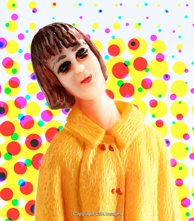 Vibrant Plastic Toy Figure with Colorful Dot Background