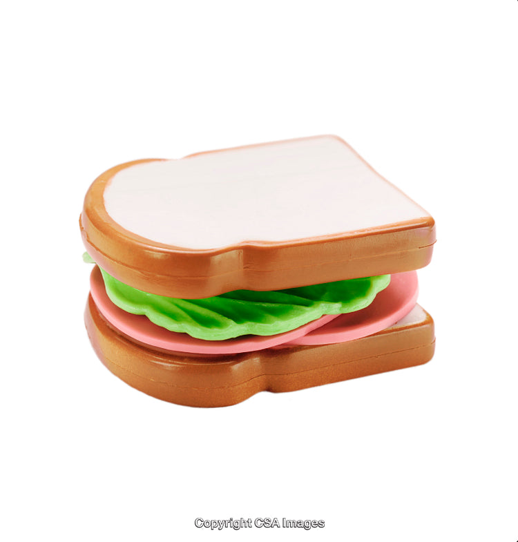 Plastic Toy Sandwich with Multiple Layers Isolated on White Background