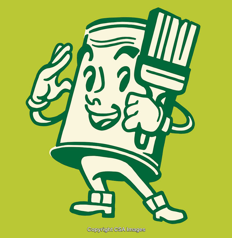 Retro Cartoon Paint Can with Brush on Vibrant Green Background