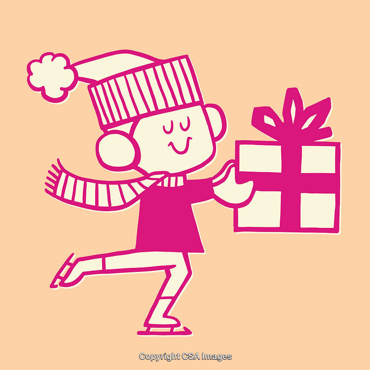 Festive Cartoon Ice Skating Character Holding a Wrapped Gift Box