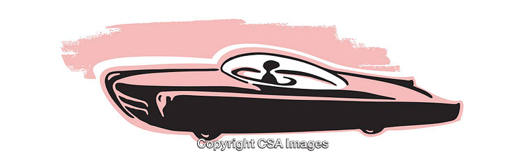 Stylized Illustration of a Retro Vehicle in Monochrome and Pink Art Style