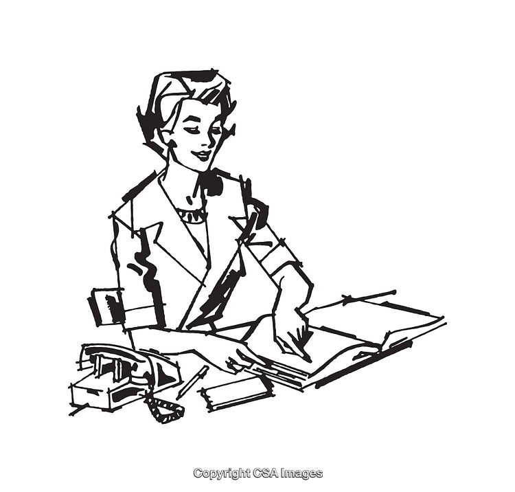Retro Illustration of a Woman Working at a Desk with Documents