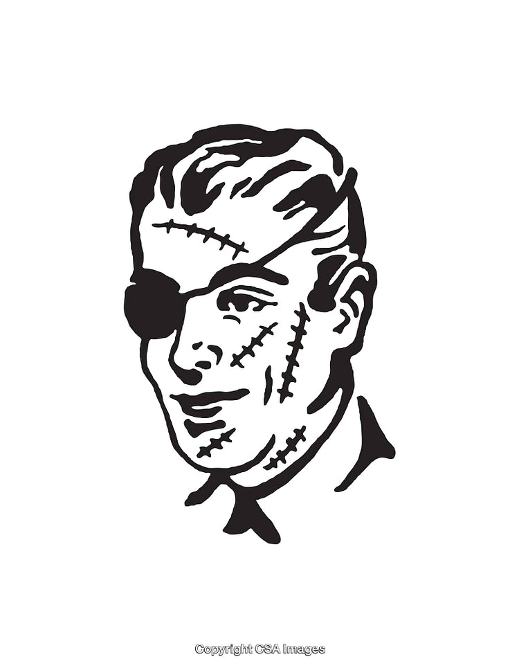 Black and White Illustration of a Grinning Facial Portrait with Stitches