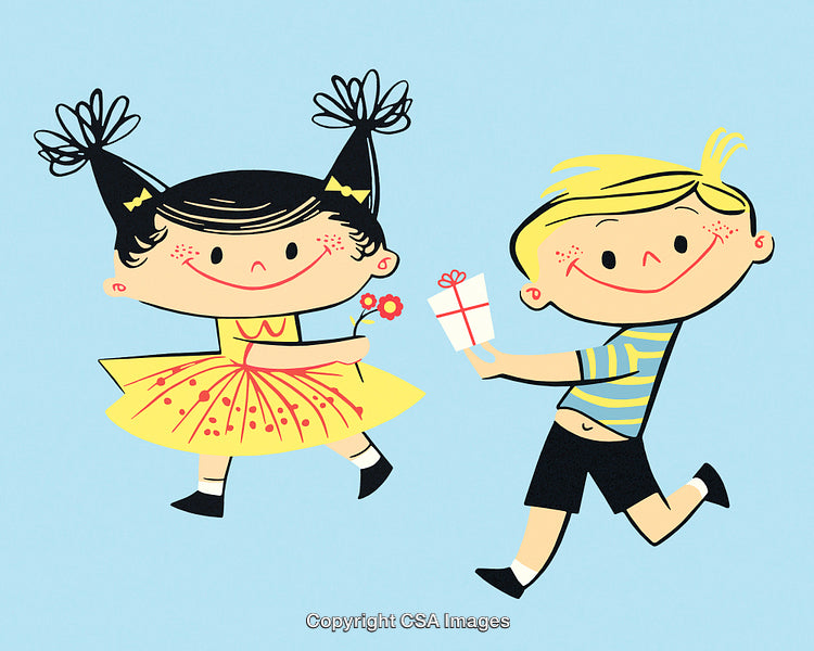 Children Sharing Gifts with Joyful Expressions on a Light Blue Background