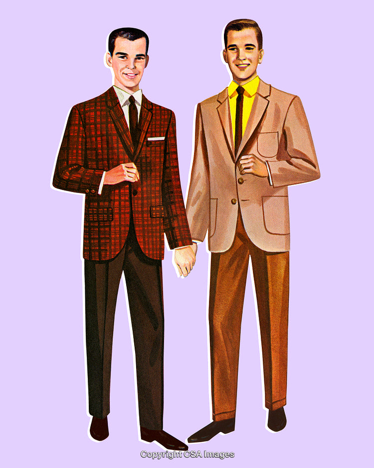 Two Fashionable Men in Vintage Suits Holding Hands on Purple Background