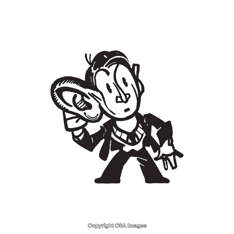 Illustration of a Character Using a Magnified Ear for Listening