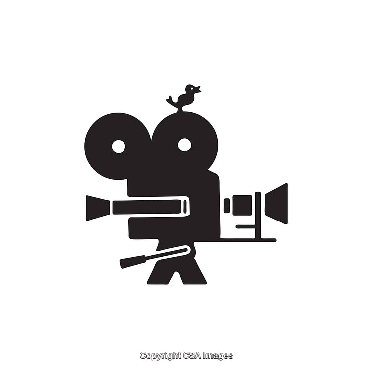 Black and White Icon of Vintage Film Camera with Bird