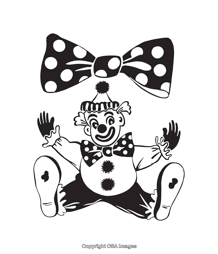 Black and White Line Art of a Cheerful Clown with Big Bow Tie