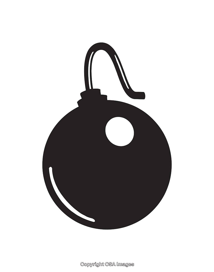 Monochrome Illustration of a Round Black Bomb with Wavy Fuse