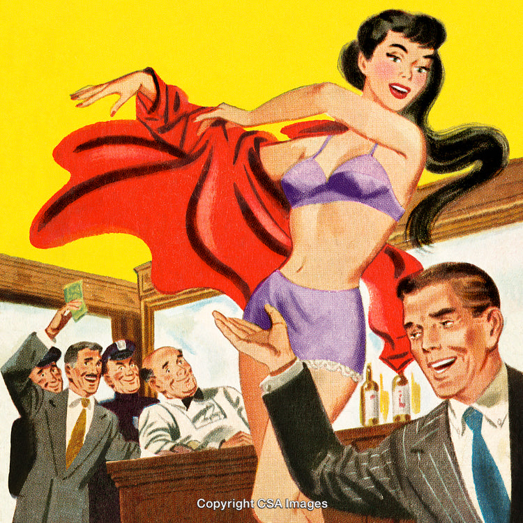 Vintage Illustration of Entertainers in a Cheerful Barroom Atmosphere