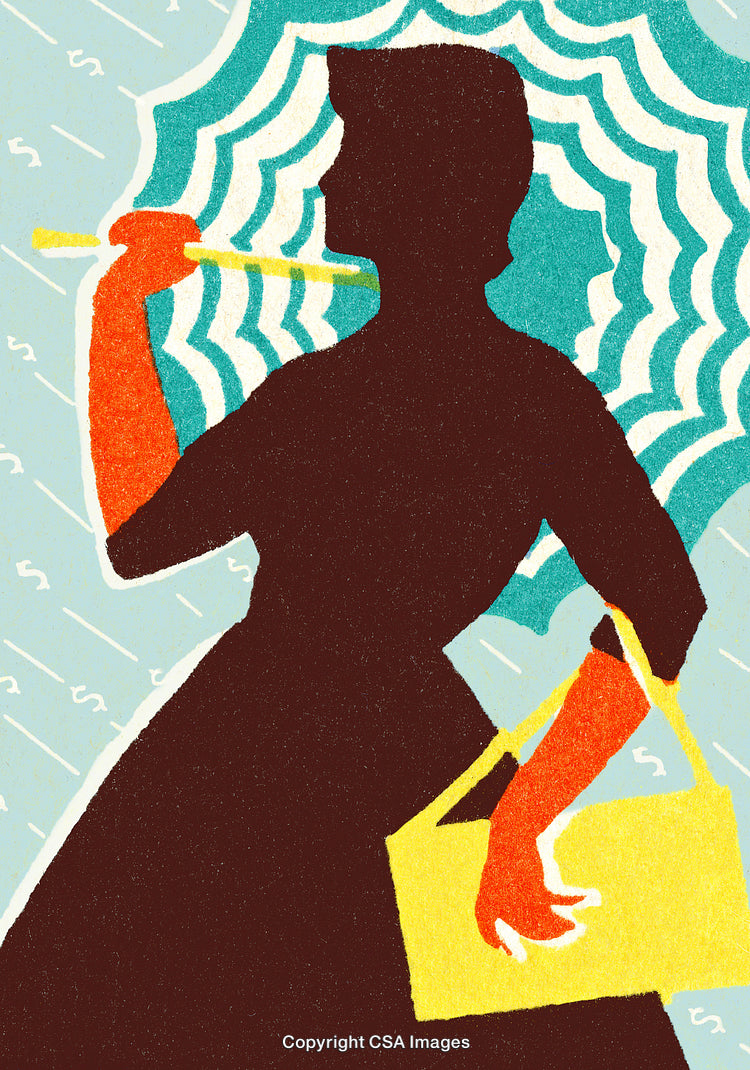 Stylized Silhouette of a Woman Holding an Umbrella in Retro Design