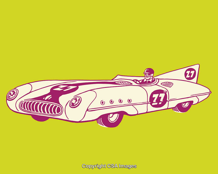 Vintage Race Car Line Art Illustration on Bright Green Background