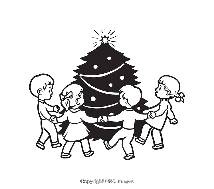 Children Holding Hands Dancing Around a Decorated Christmas Tree