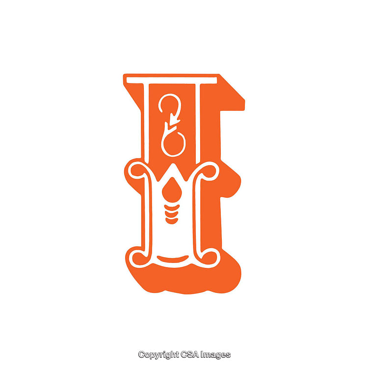 Ornate Orange Letter "I" Illustration with Stylized Design Features