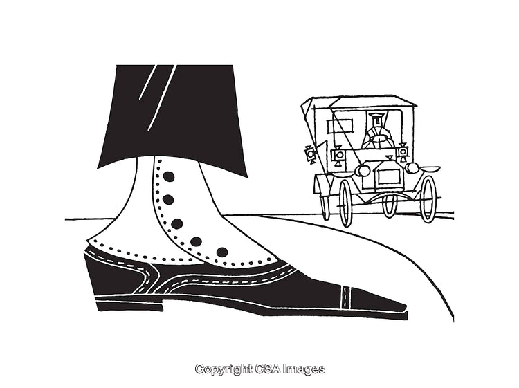 Classic Line Art Illustration of Vintage Shoe and Early Automobile Scene