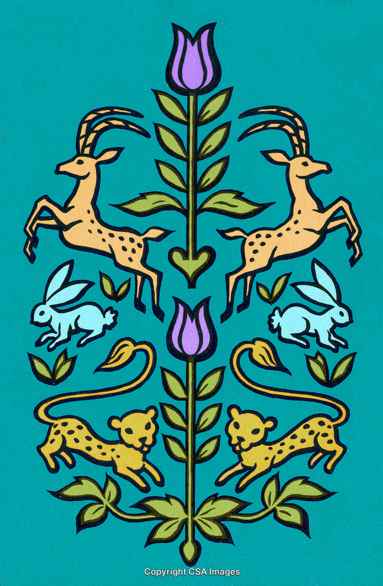 Symmetrical Vibrant Illustration Featuring Animals with Floral and Nature Motifs