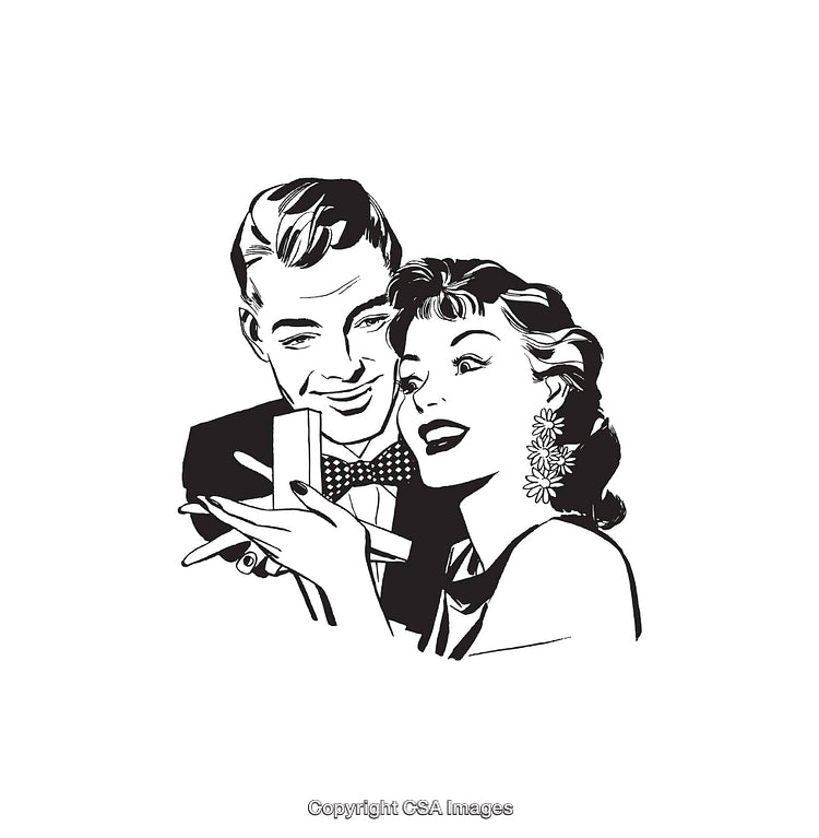 Retro Black And White Illustration of A Couple with Jewelry Gift Box