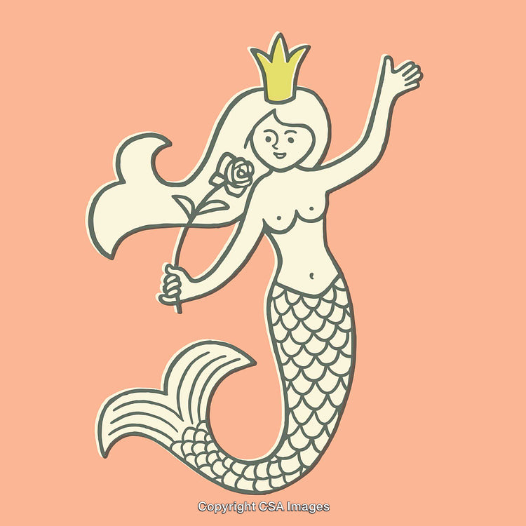 Whimsical Line Art Illustration of a Mermaid with Crown and Rose