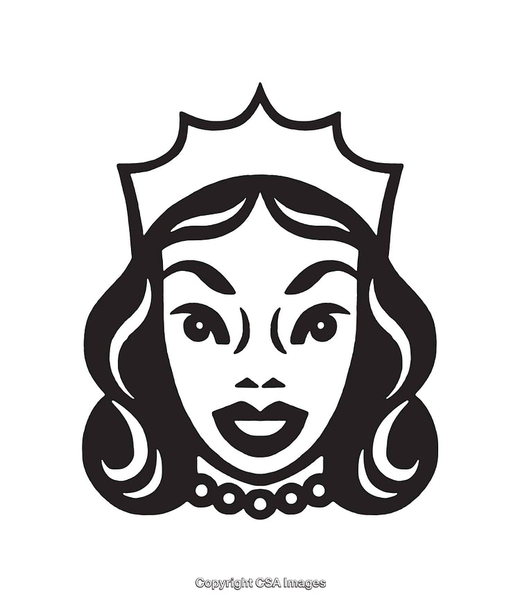 Black And White Line Art of a Smiling Woman With Crown Accessory