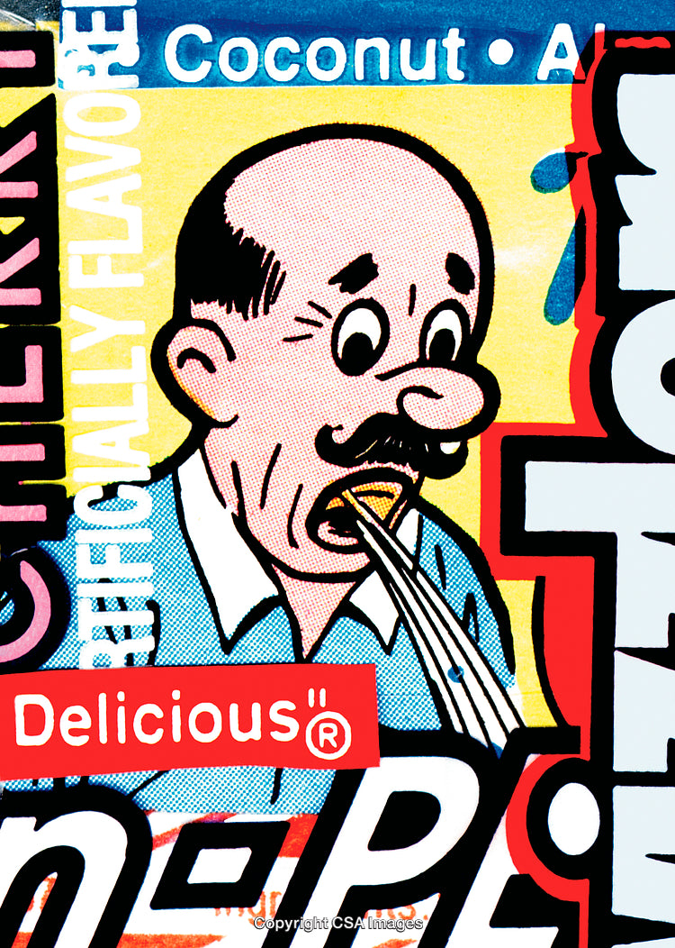 Colorful Illustration of a Character Eating with Bold Graphic Text Elements