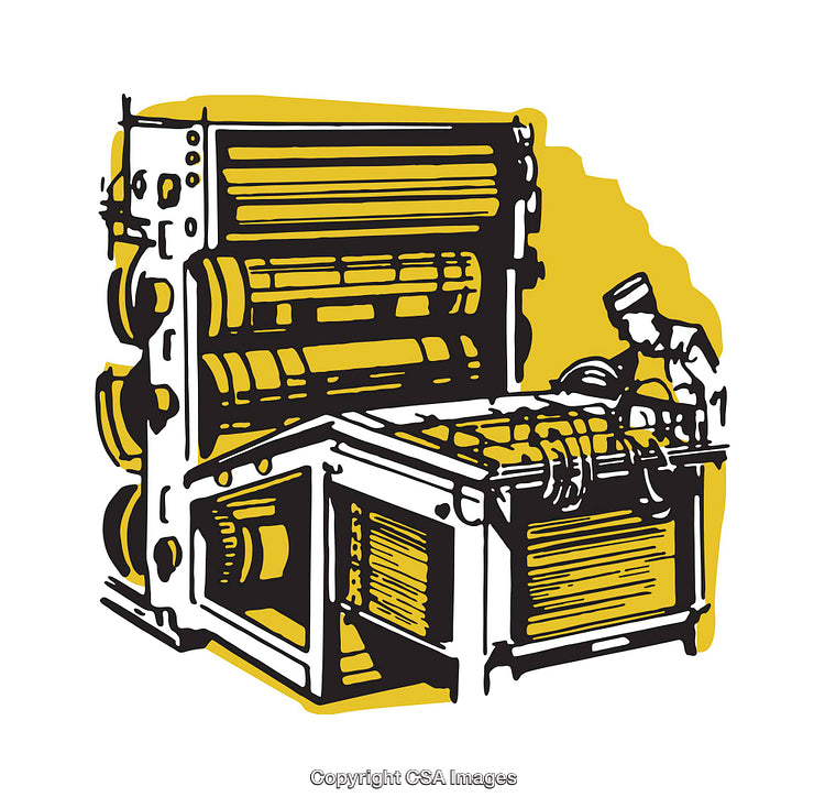 Vintage Printing Press with Worker in Artistic Illustration Style