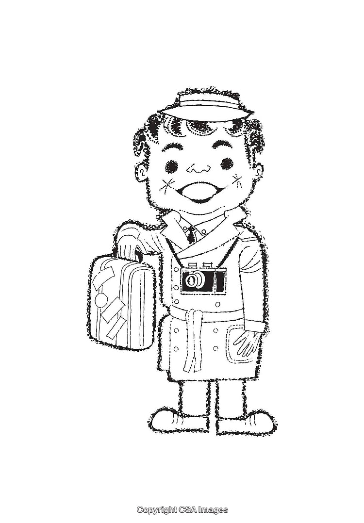 Black and White Illustration of a Traveler with Luggage and Camera