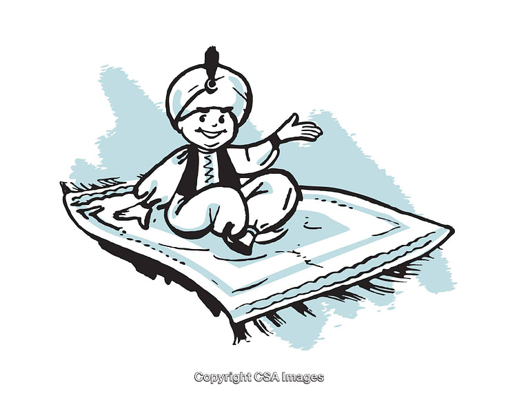 Colorful Illustration of a Boy on a Flying Magic Carpet
