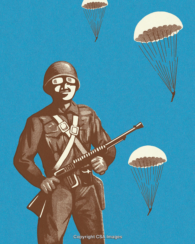 Illustration of a Soldier with Parachutes in a Vintage Art Style