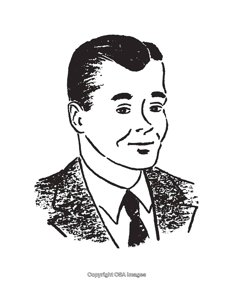 Vintage Black and White Line Art Illustration of a Man Smiling