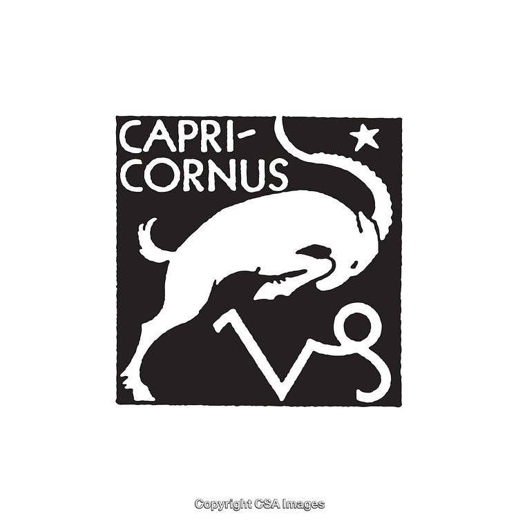 Black and White Capricorn Zodiac Sign Illustration with Goat Motif Symbolism