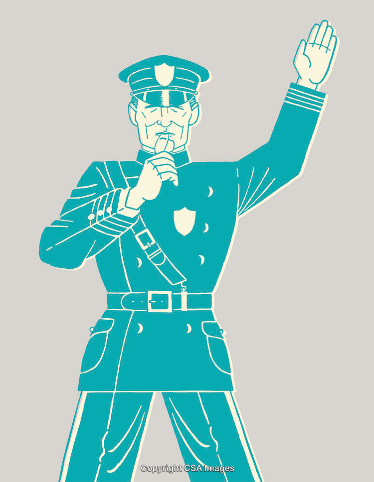 Vintage Styled Police Officer Illustration Giving Hand Signal in Bold Colors