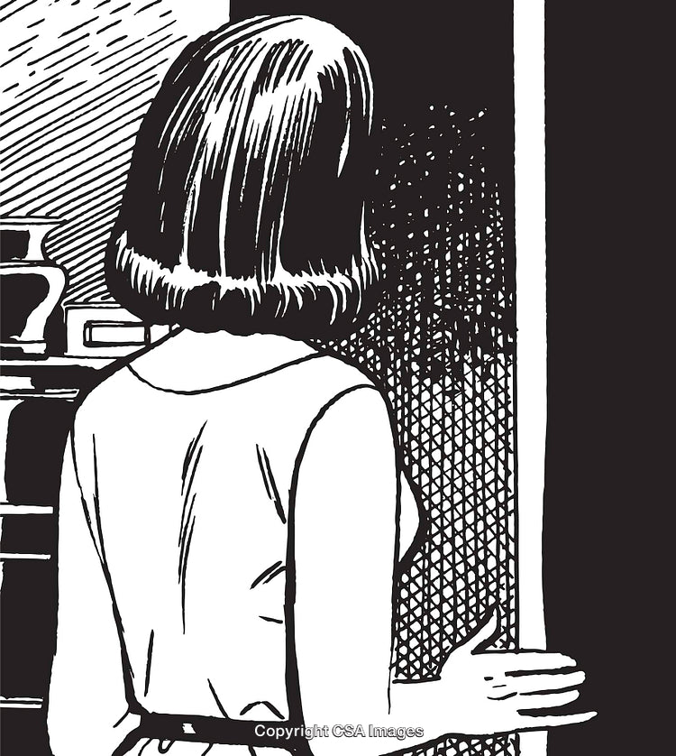 Black and White Illustration of a Woman Entering a Room