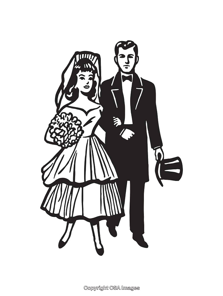 Black and White Line Art Depiction of a Bride and Groom