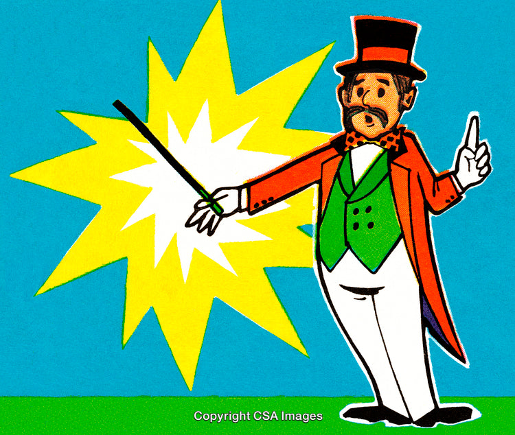 Illustration of Magician Performing Trick with Wand and Magical Spark
