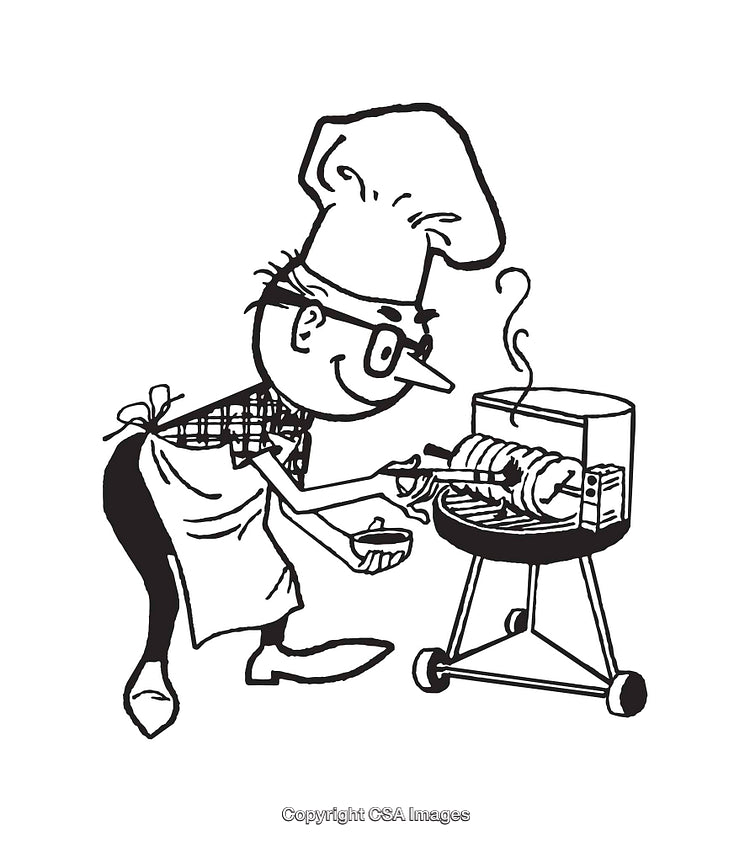 Chef Illustration Featuring Barbecue Cooking in Black and White Line Art Style
