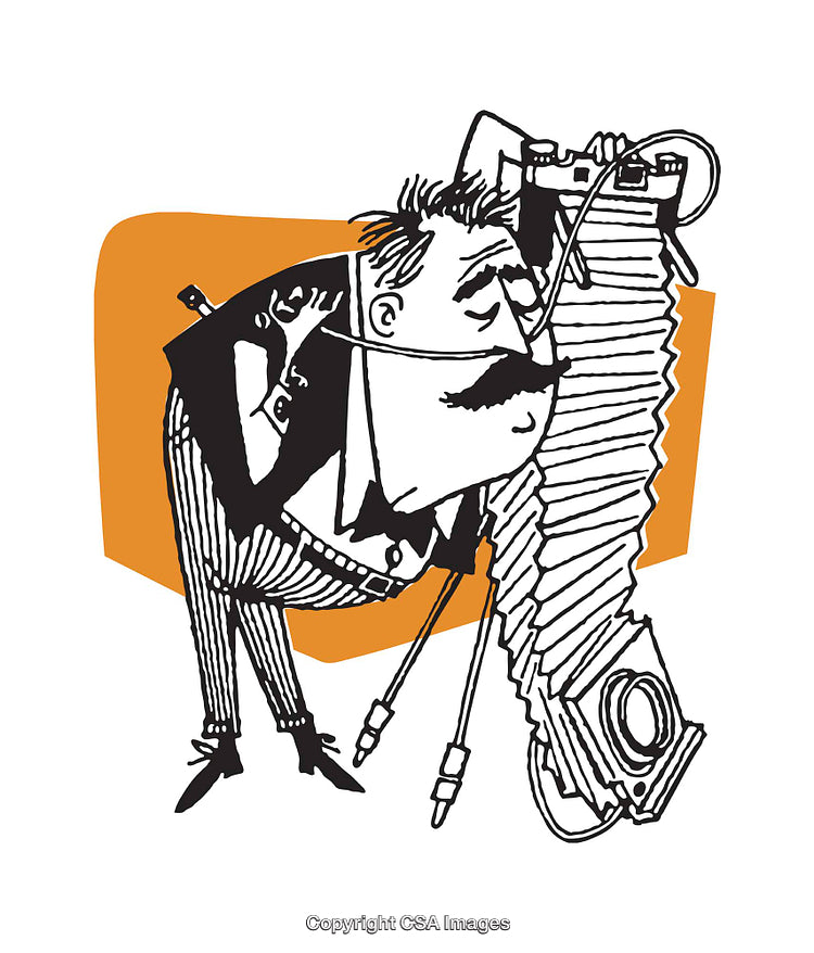 Vintage Cartoon Illustration of a Photographer with a Classic Camera Setup
