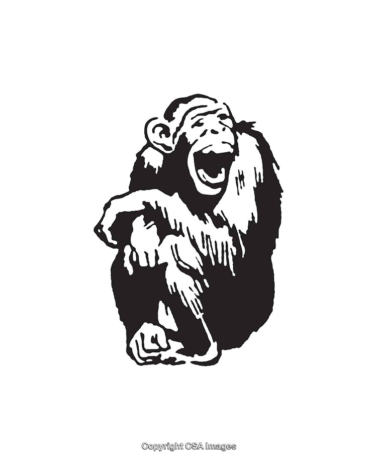 Black And White Illustration of a Laughing Chimpanzee Among Simplicity