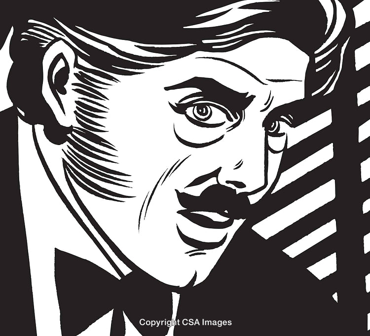 Black and White Retro Pop Art Illustration of Man in Dramatic Pose