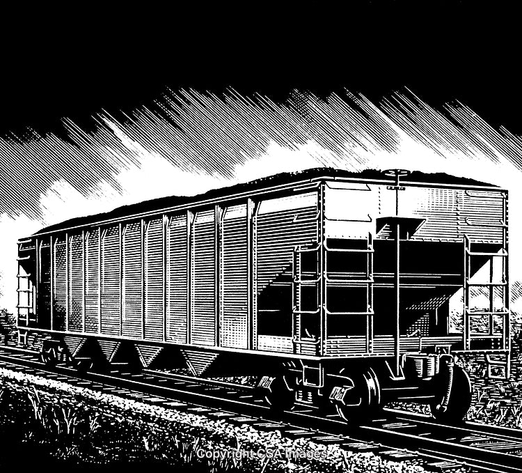 Detailed Black and White Engraving of a Cargo Freight Car on Rails