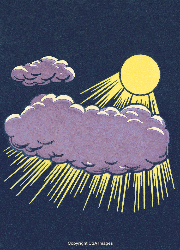 Pop Art Style Illustration of Sunlight Breaking Through Purple Clouds